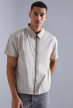 White Short Sleeve Boxy Zip Shirt