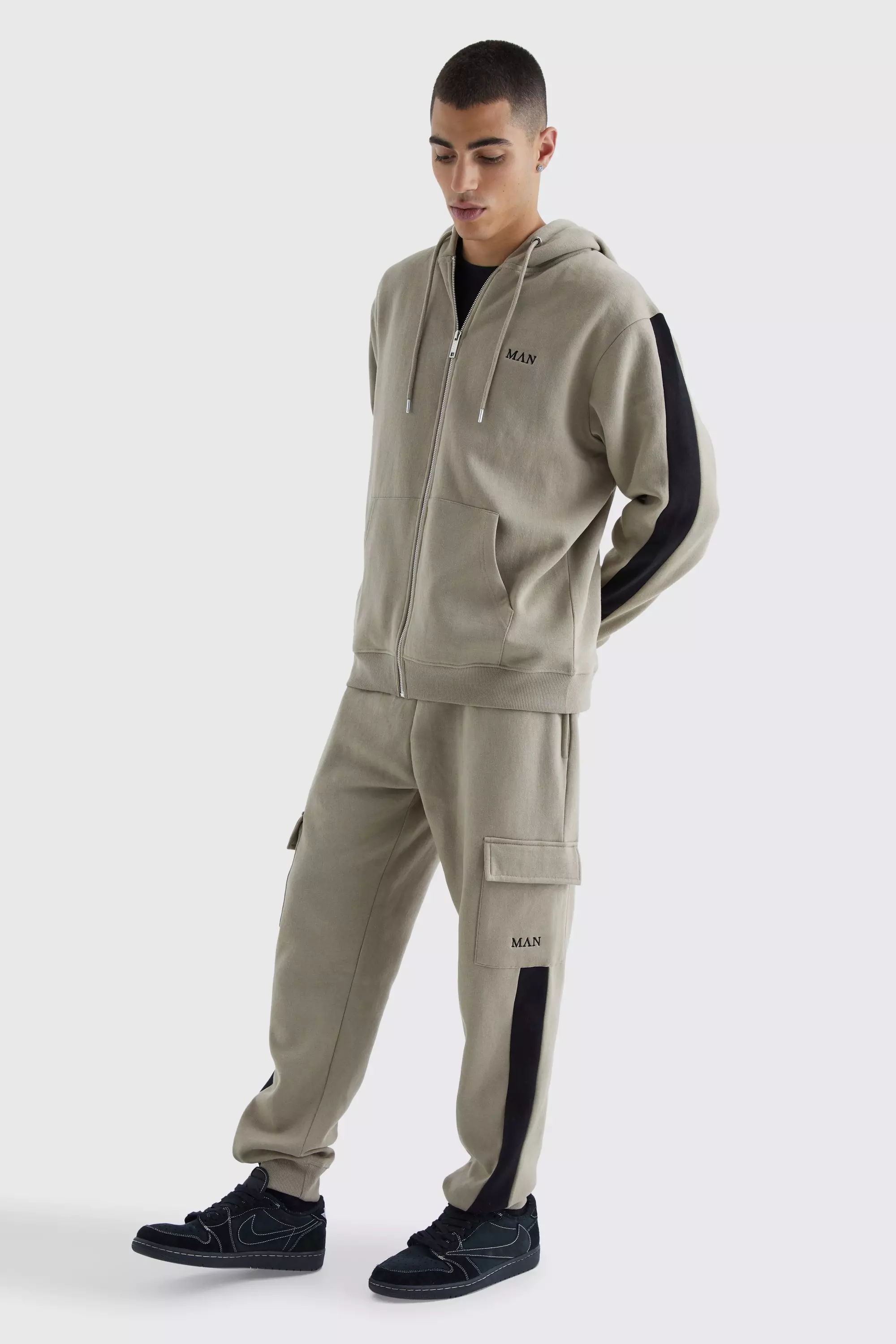 Man Hoodie And Cargo Jogger Set Stone