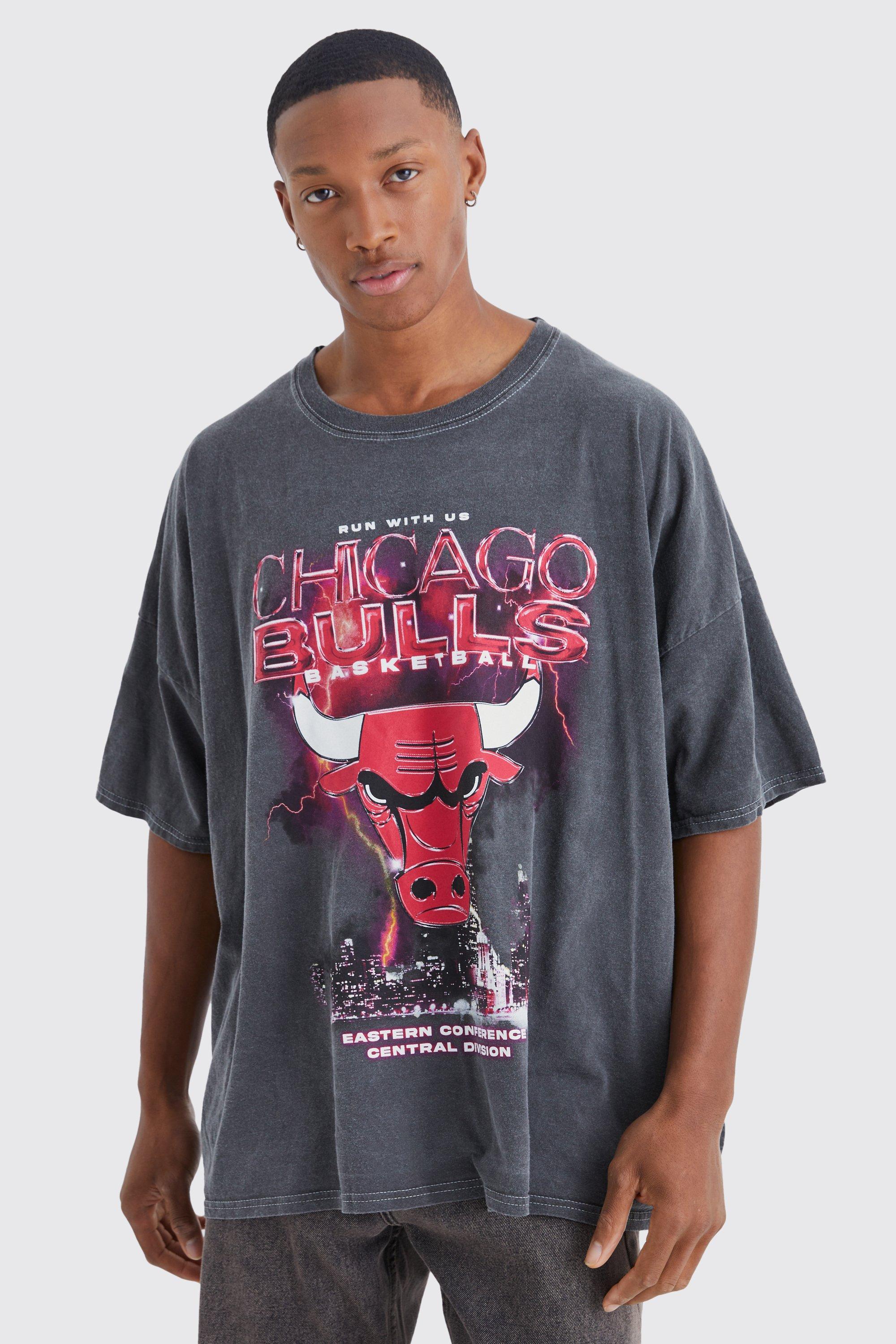 boohooMAN Mens Chicago Bulls NBA Acid Wash License T Shirt - Grey