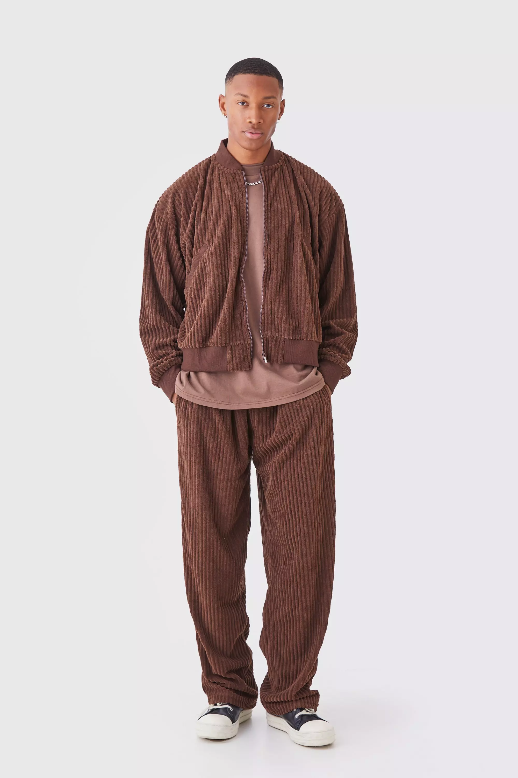 Chocolate Brown Chenille Rib Boxy Bomber Jacket & Relaxed Waist Pants Set