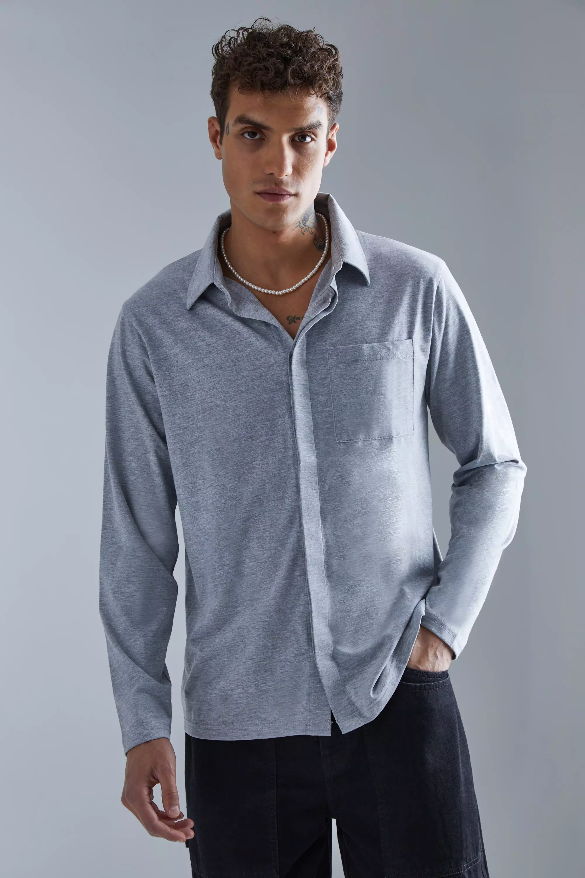 Grey Concealed Placket Jersey Overshirt