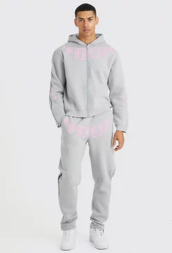 Official Boxy Zip Detail Hooded Tracksuit silver grey