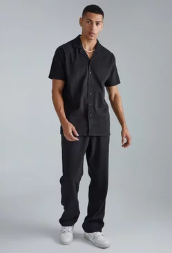 Heavy Pleated Revere Shirt And Pants Set Black