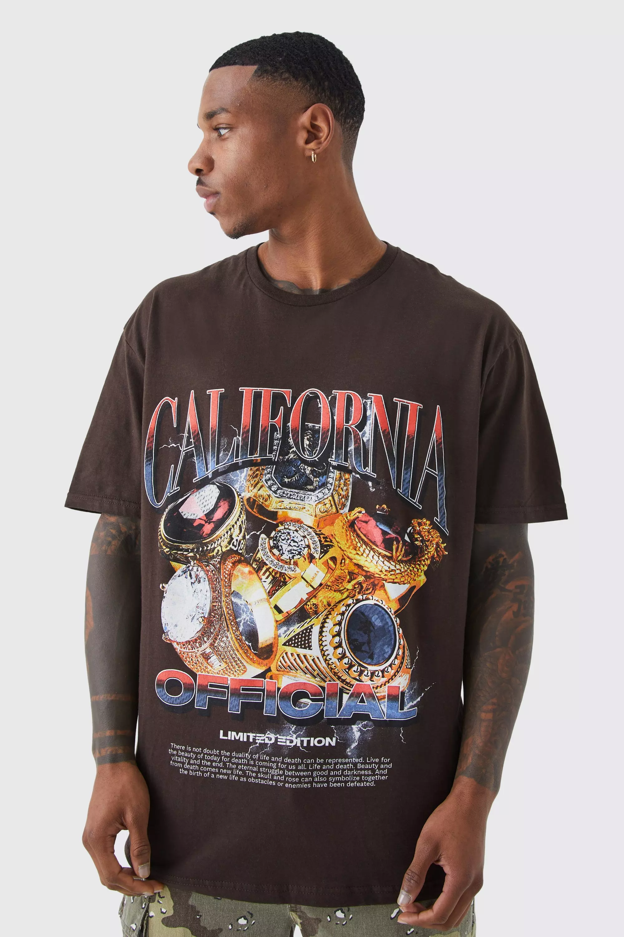 boohoo Mens Oversized La Varsity Graphic T-Shirt - Brown XS