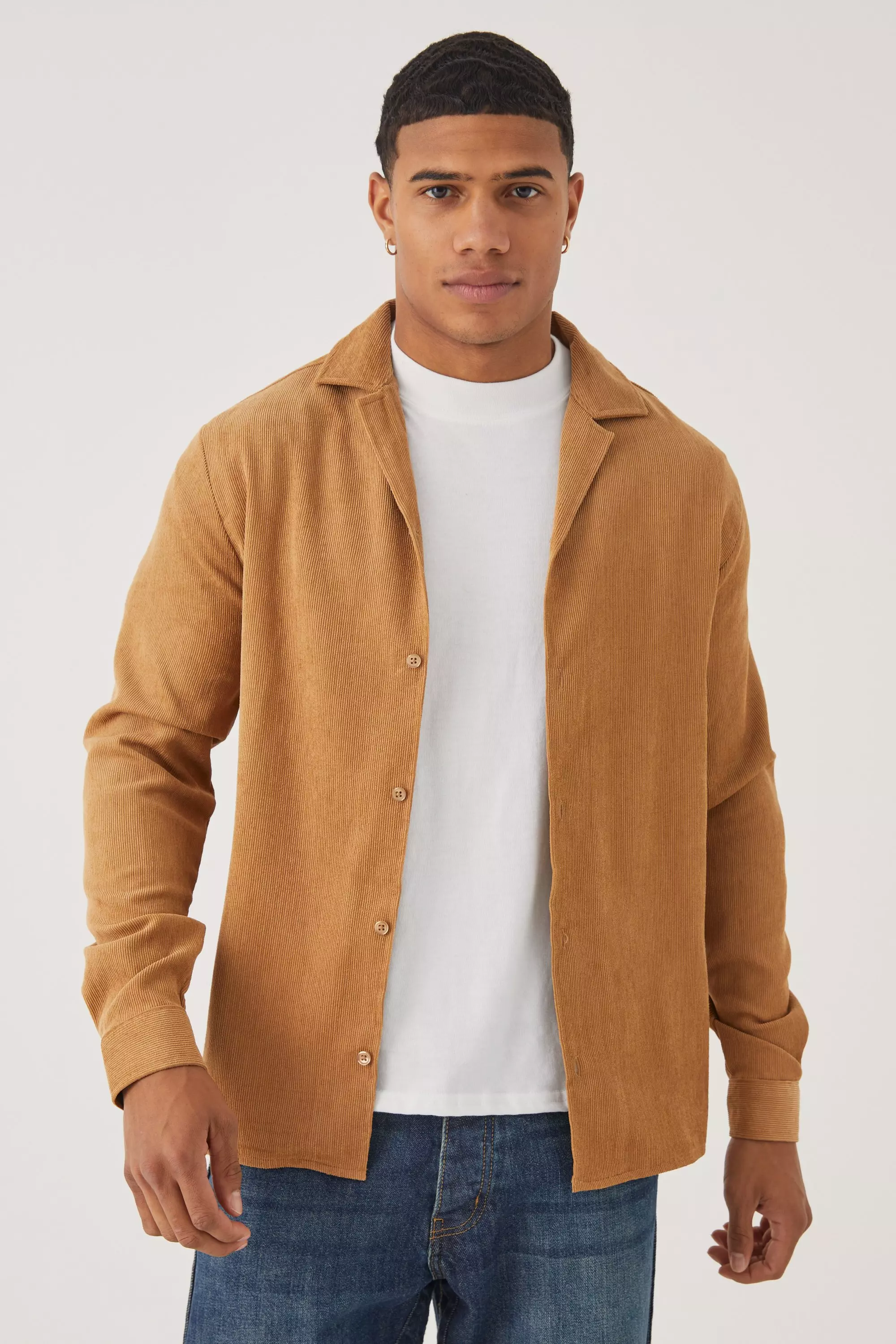 Beige Longsleeve Textured Rib Revere Shirt