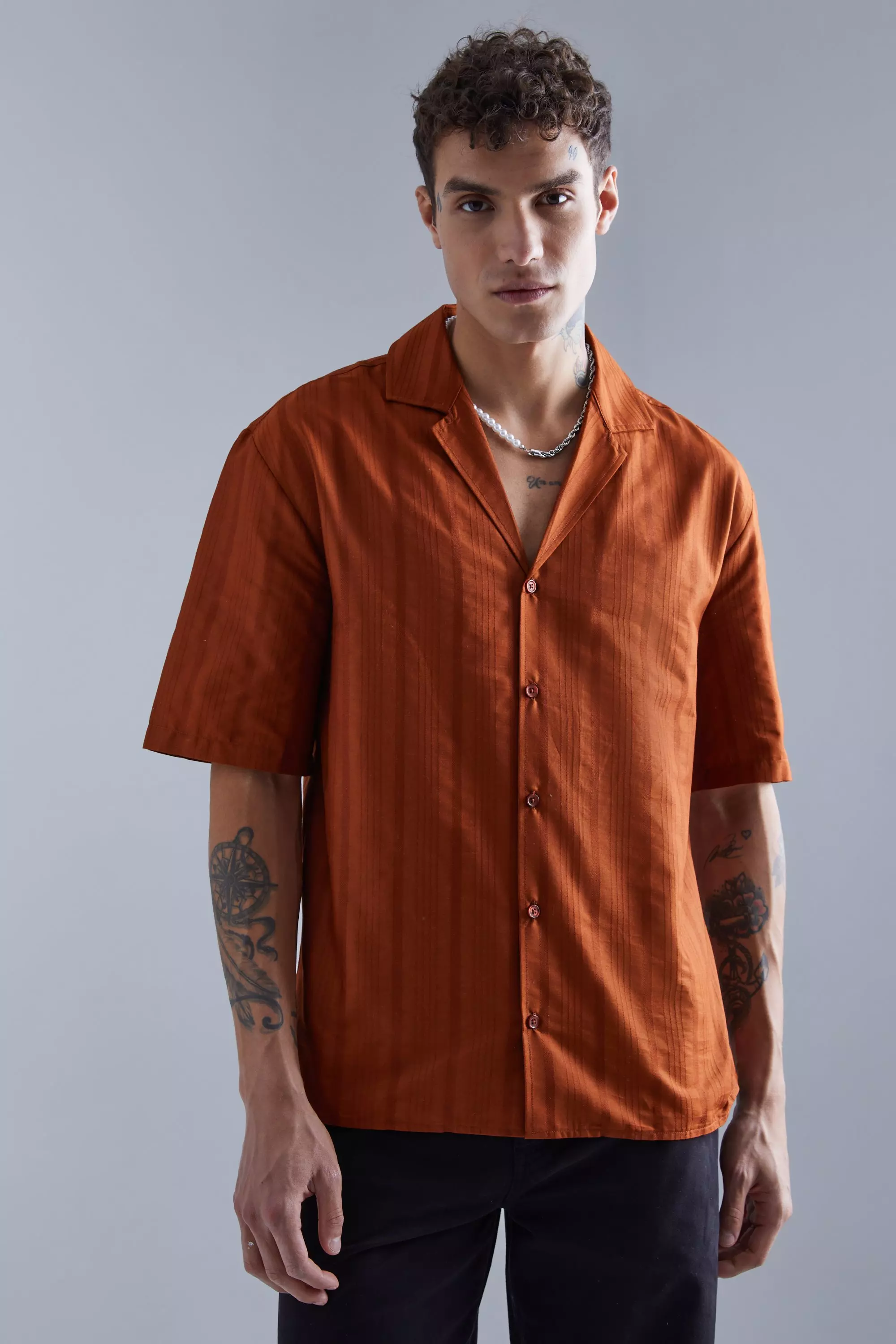 Brown Short Sleeve Tonal Stripe Drop Revere Shirt alternative image