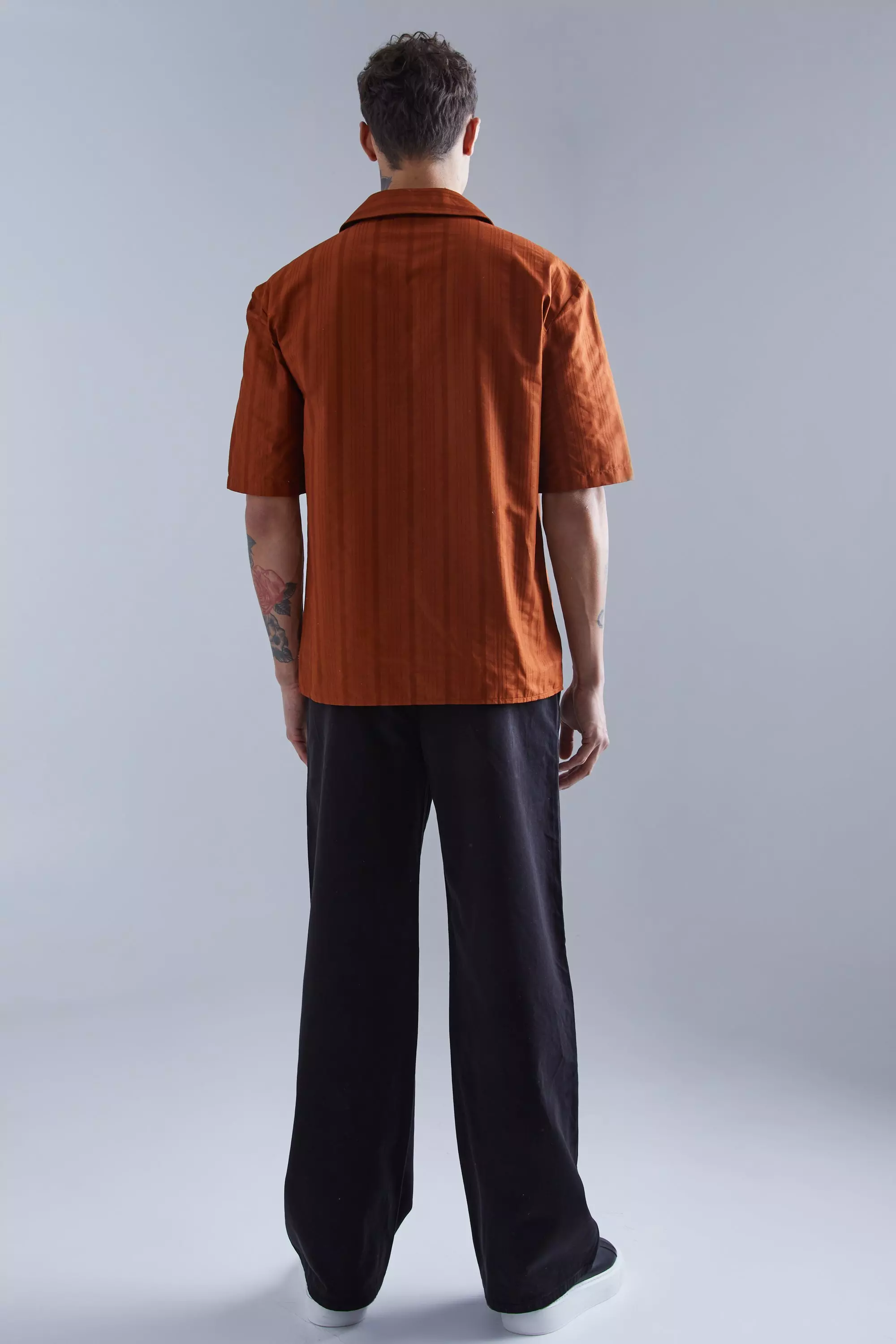 Brown Short Sleeve Tonal Stripe Drop Revere Shirt alternative image