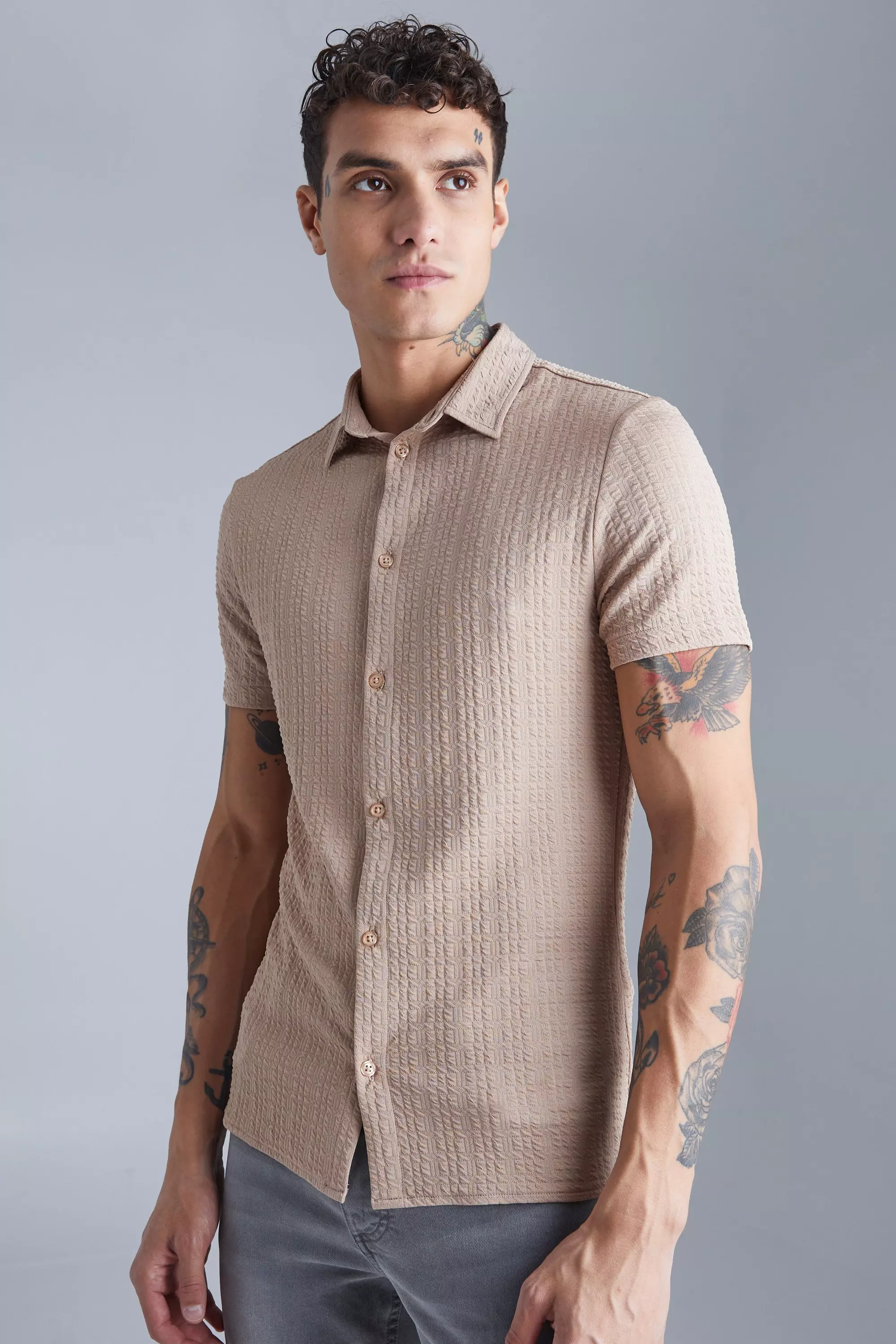 Taupe Short Sleeve Textured Compression Shirt alternative image