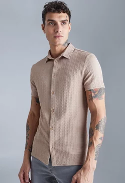 Short Sleeve Muscle Textured Shirt Taupe