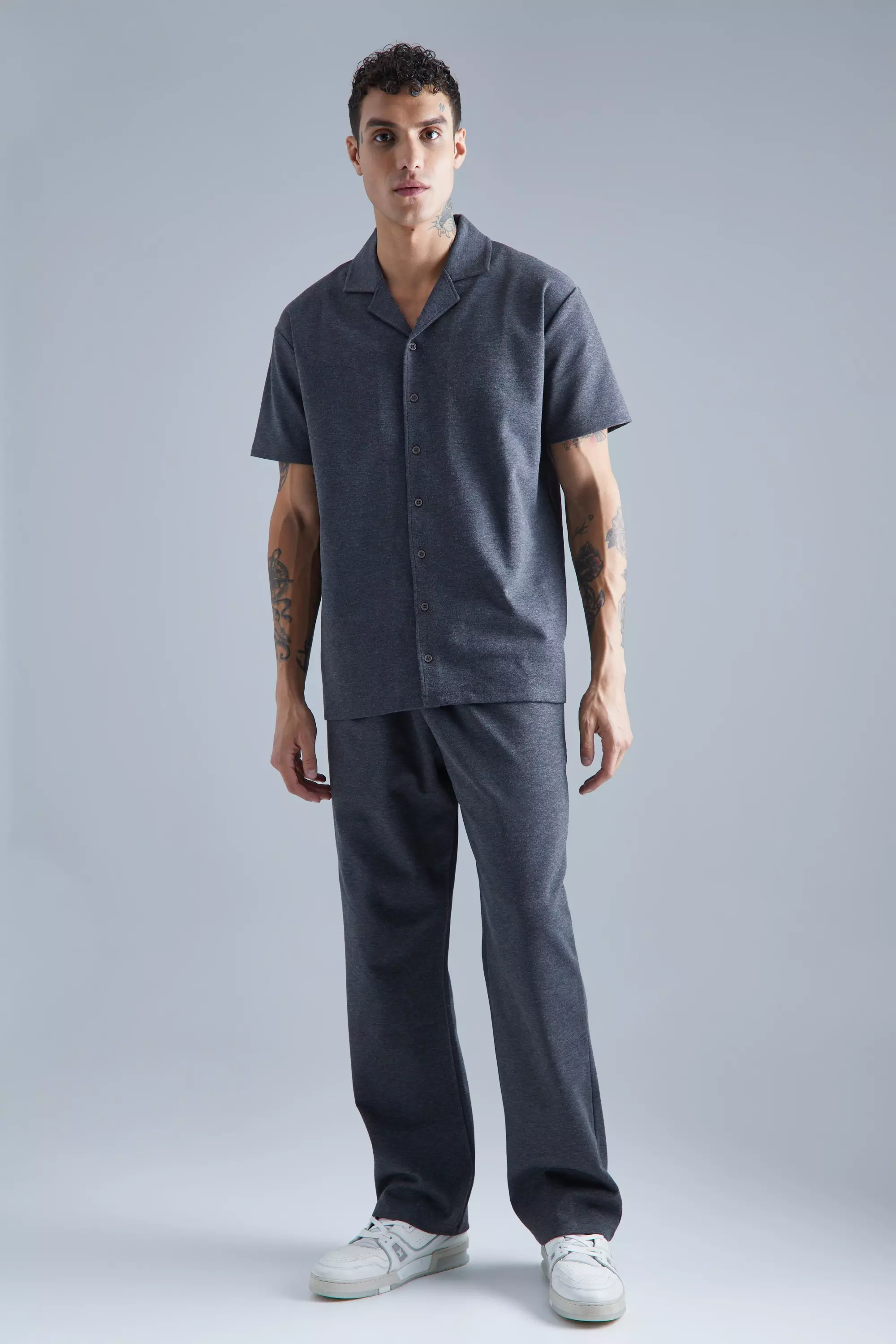 Charcoal Grey Heavy Jersey Revere Shirt And Pants Set