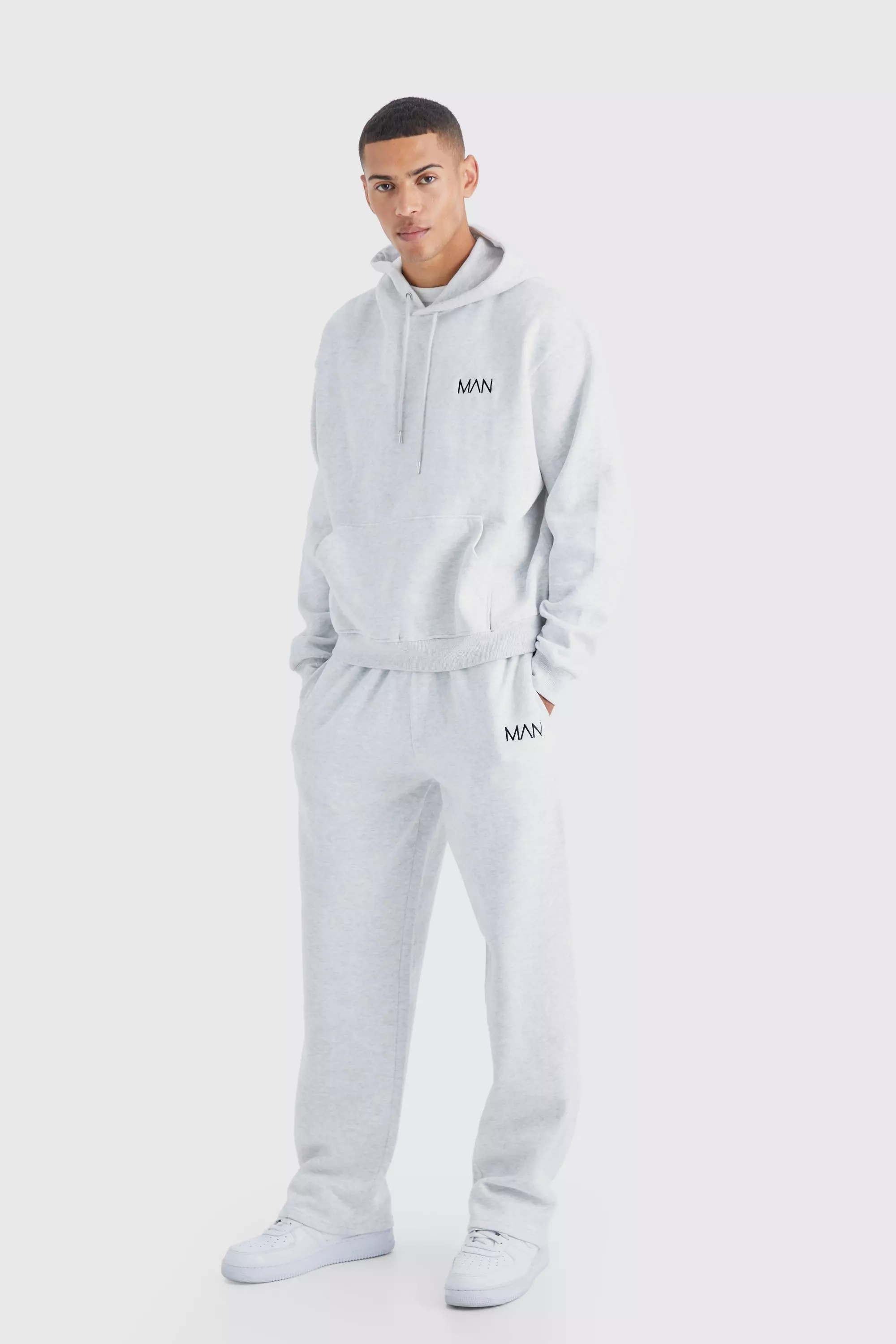 Original Man Oversized Boxy Hooded Tracksuit Grey marl