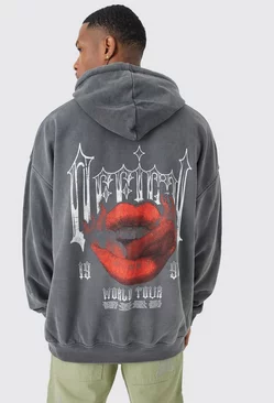 Oversized Overdyed Gothic Lips Graphic Hoodie Charcoal