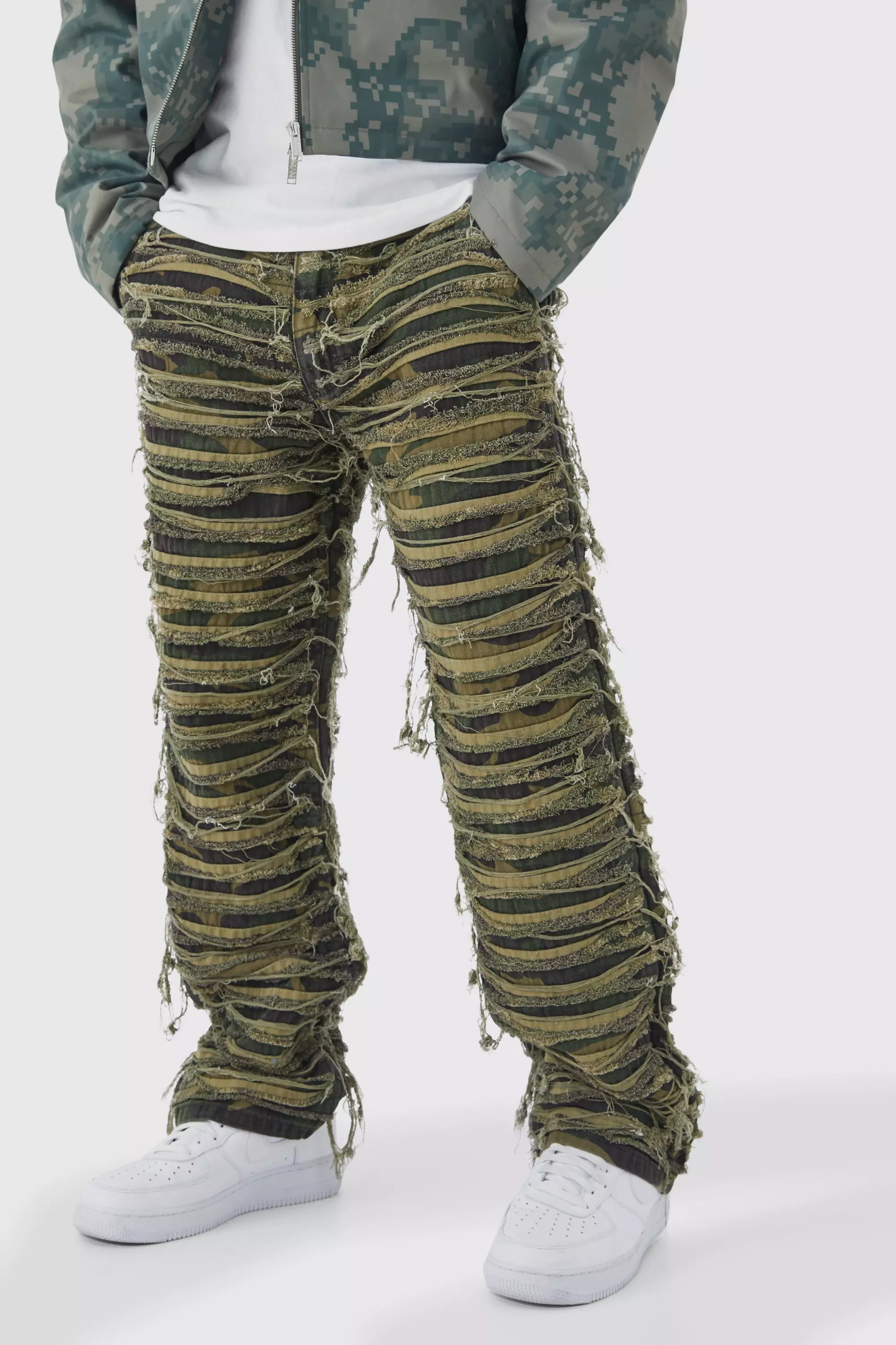 Relaxed Heavily Distressed Camo Pants Khaki