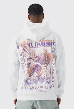White Oversized Floral Cupid Back Graphic Hoodie