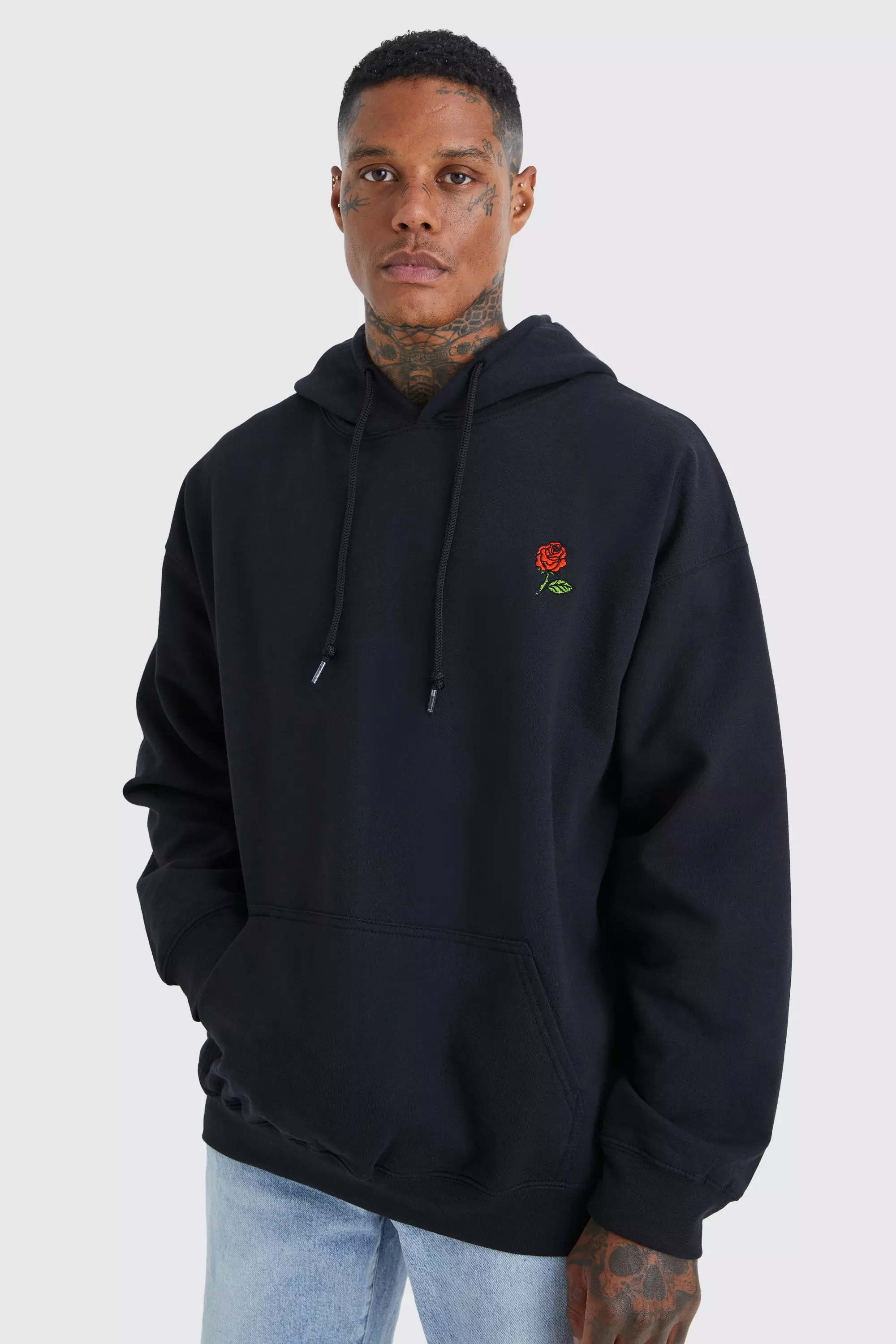 Boohooman hoodie with man embroidery in black online