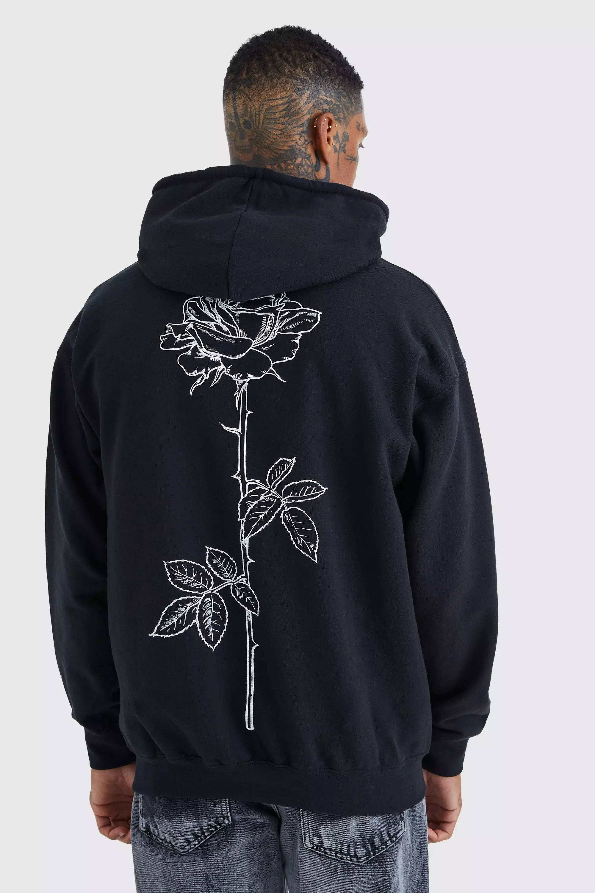 Regular Fit Line Drawn Rose Stem Print Hoodie boohooMAN USA