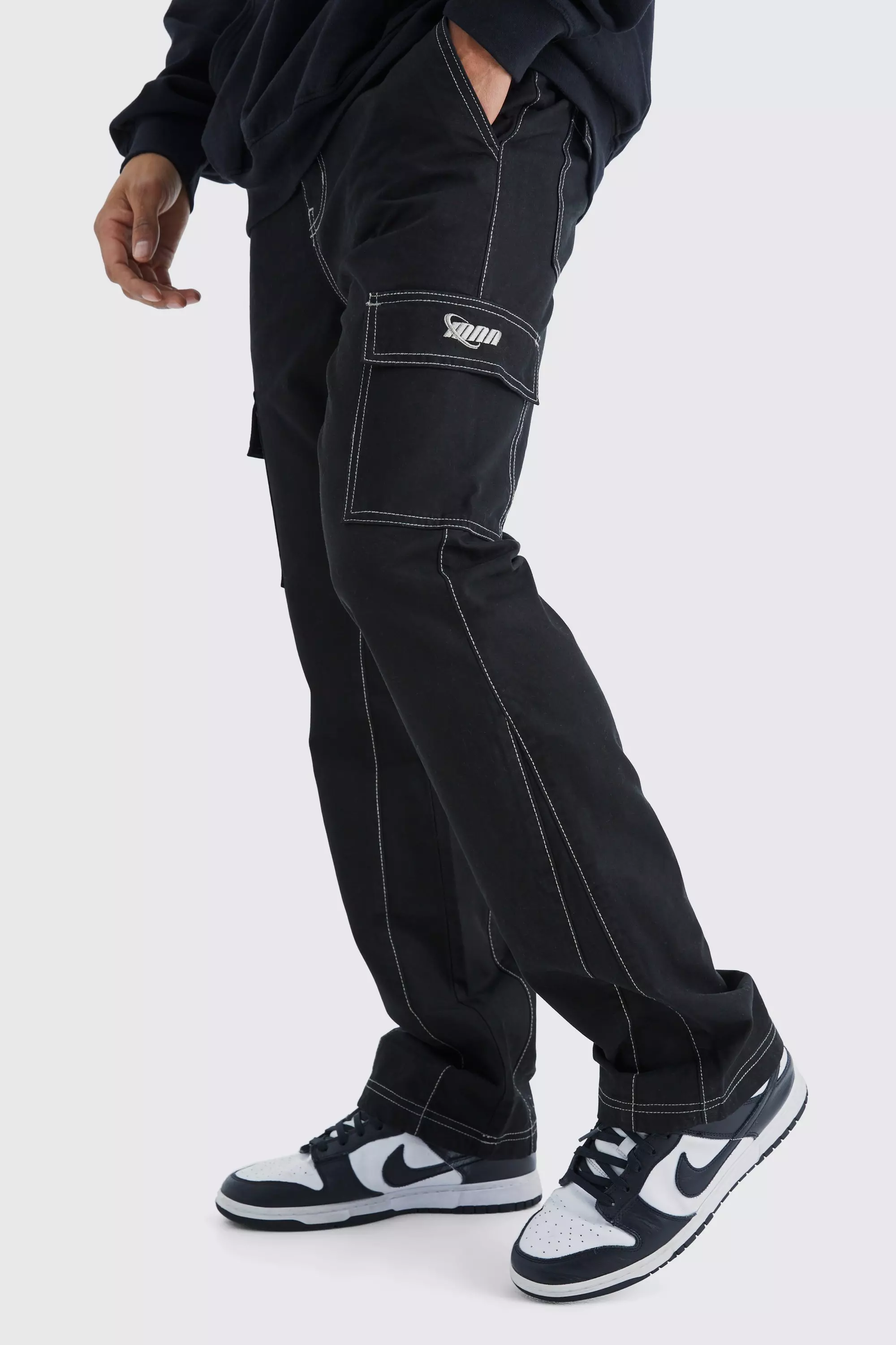 Elastic Waist Slim Flare Contrast Stitch Cargo Pants