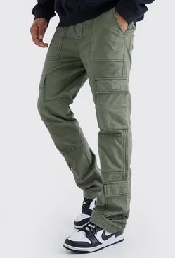 Slim Flare Multi Cargo Contrast Stitch Trouser Khaki