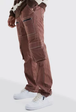 Chocolate Brown Slim Multi Zip Cargo Pocket Contrast Stitch Trouser