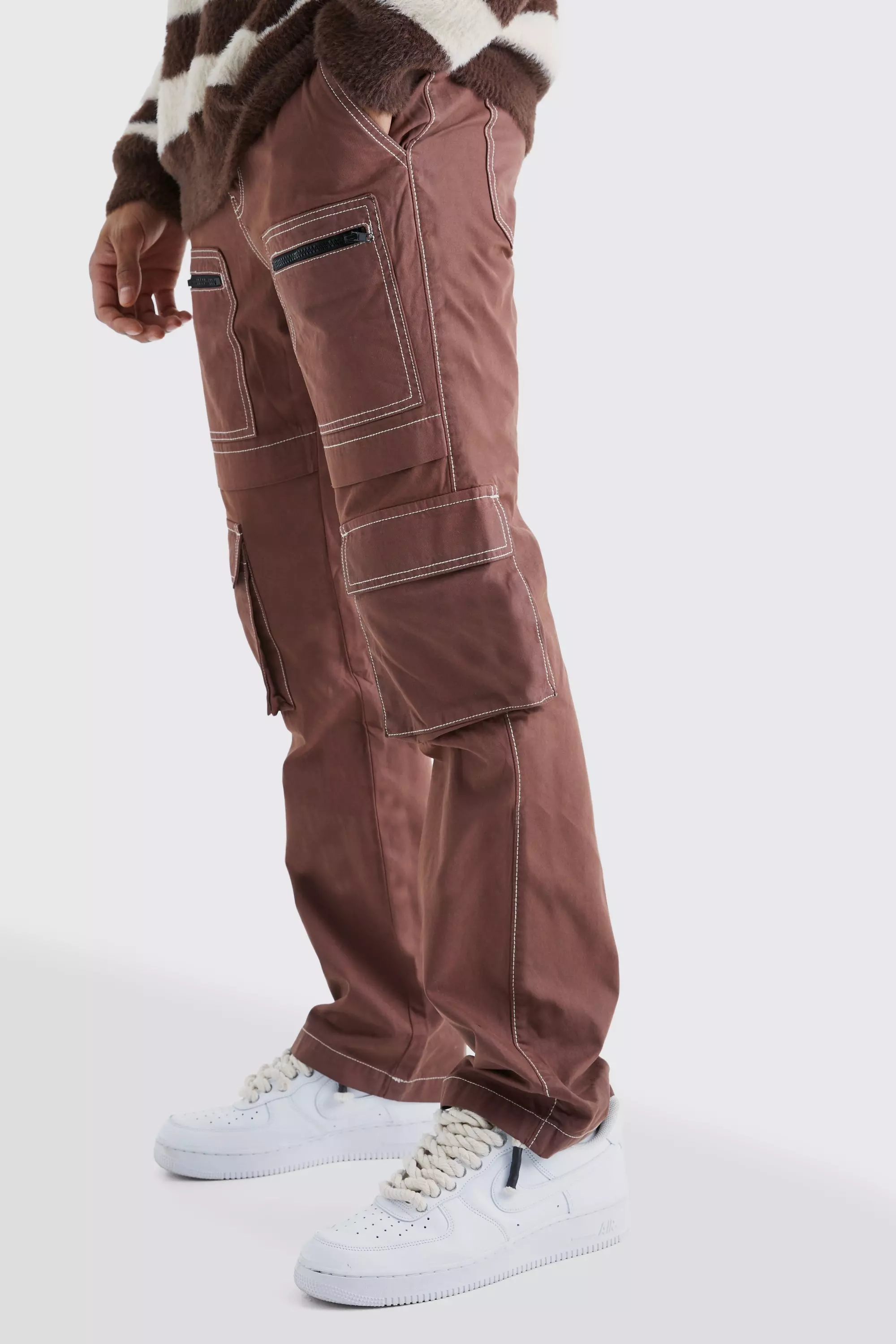 Chocolate Brown Slim Multi Zip Cargo Pocket Contrast Stitch Trouser