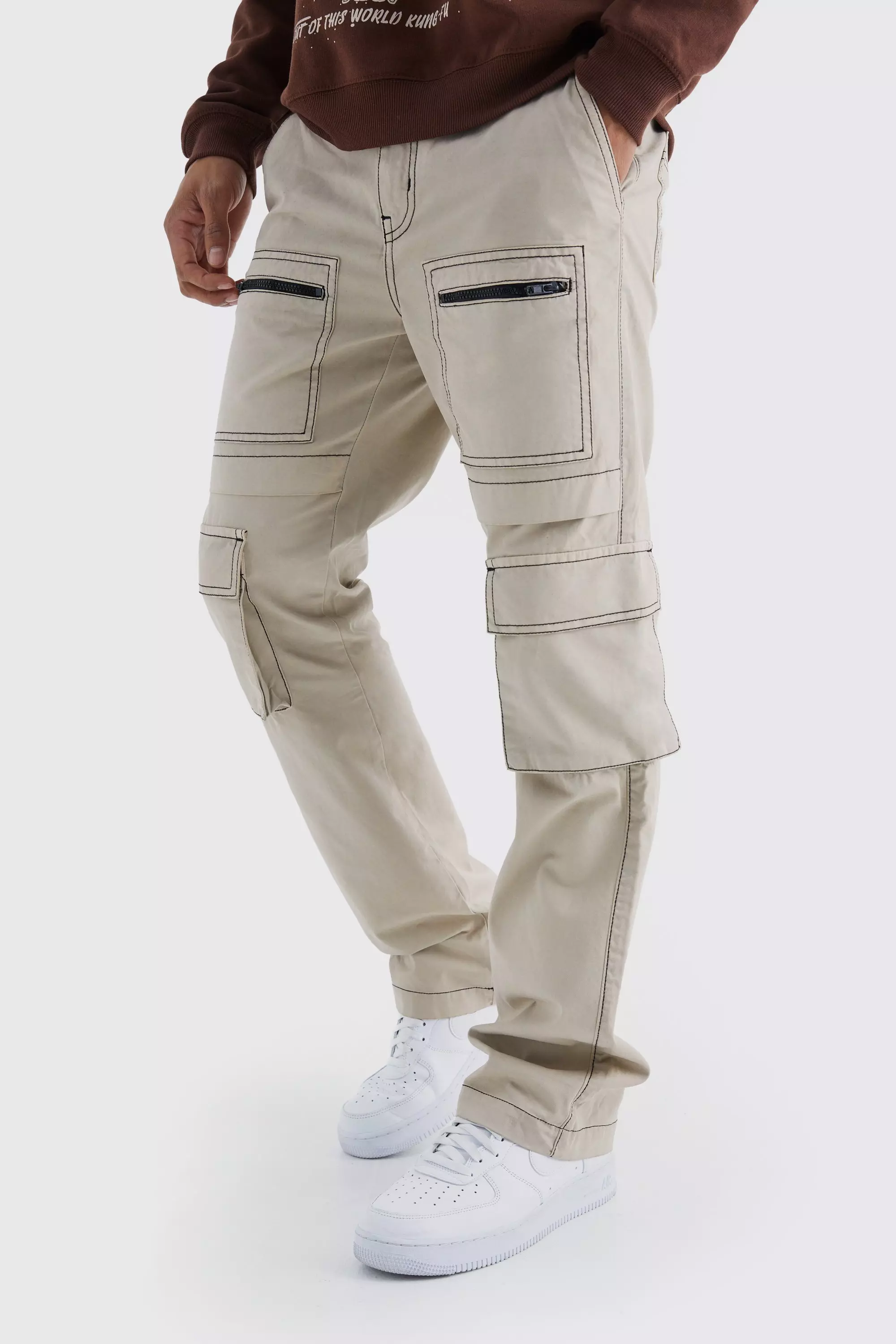 Slim Multi Zip Cargo Pocket Contrast Stitch Trouser Stone