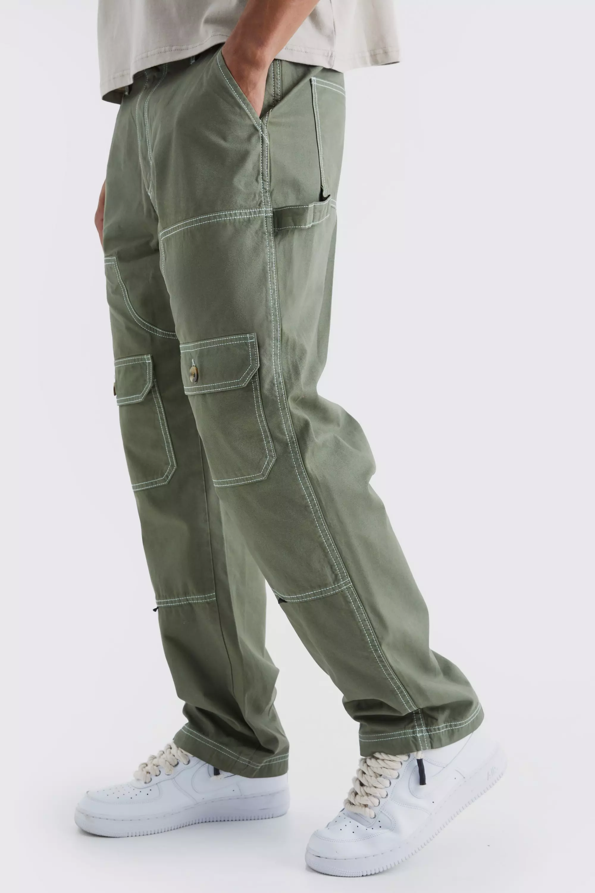 Lockere Cargo-Hose mit Kontrast-Naht, Khaki alternatives Bild
