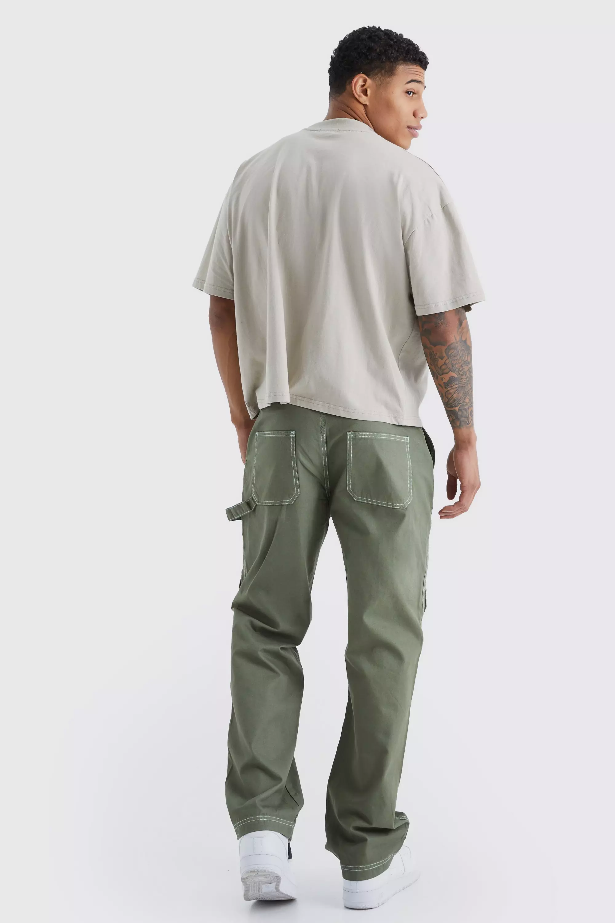 Lockere Cargo-Hose mit Kontrast-Naht, Khaki alternatives Bild