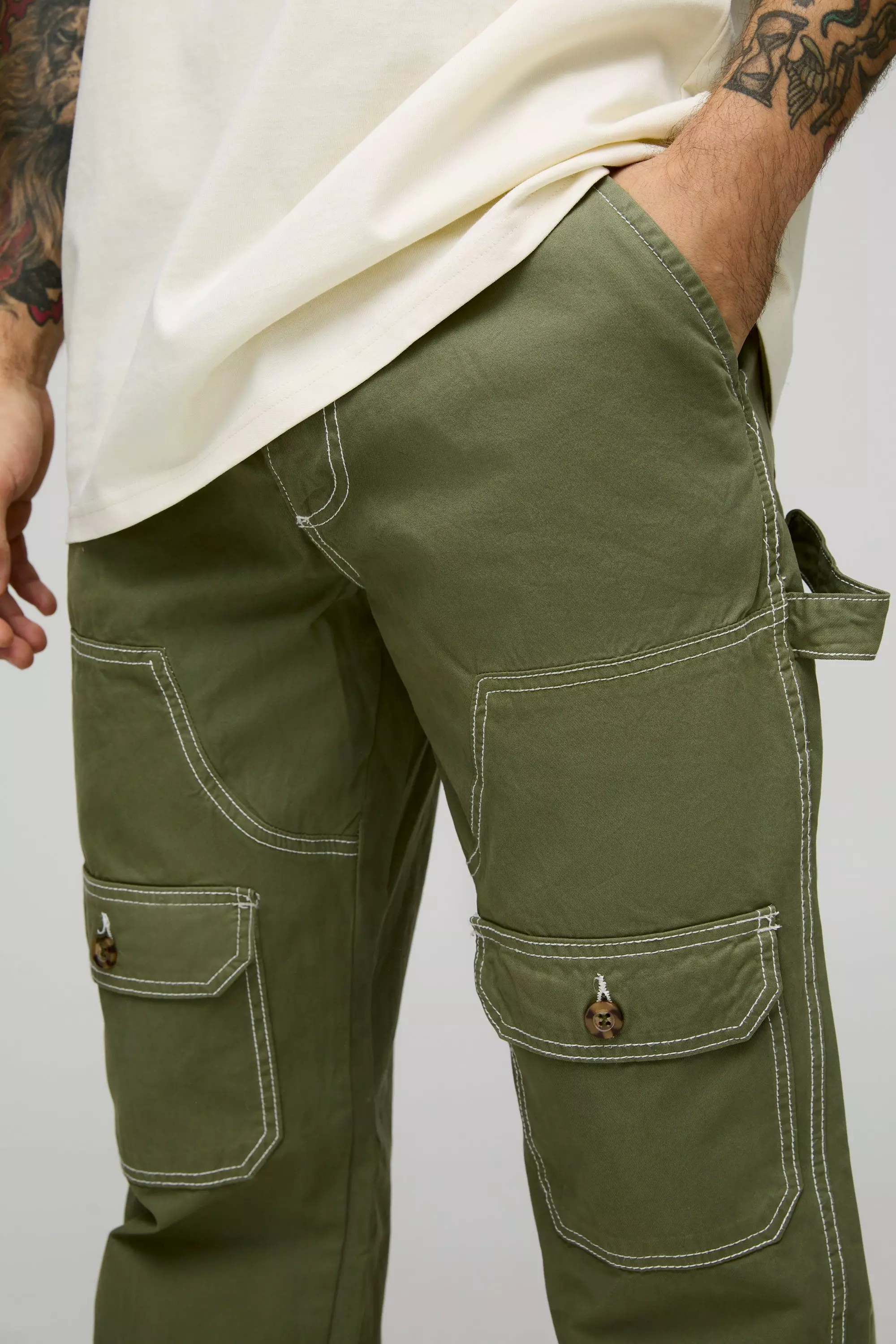 Khaki Relaxed Carpenter Cargo Contrast Stitch Trouser alternative image