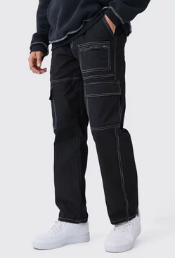 Relaxed Multi Cargo Pocket Contrast Stitch Trouser Black
