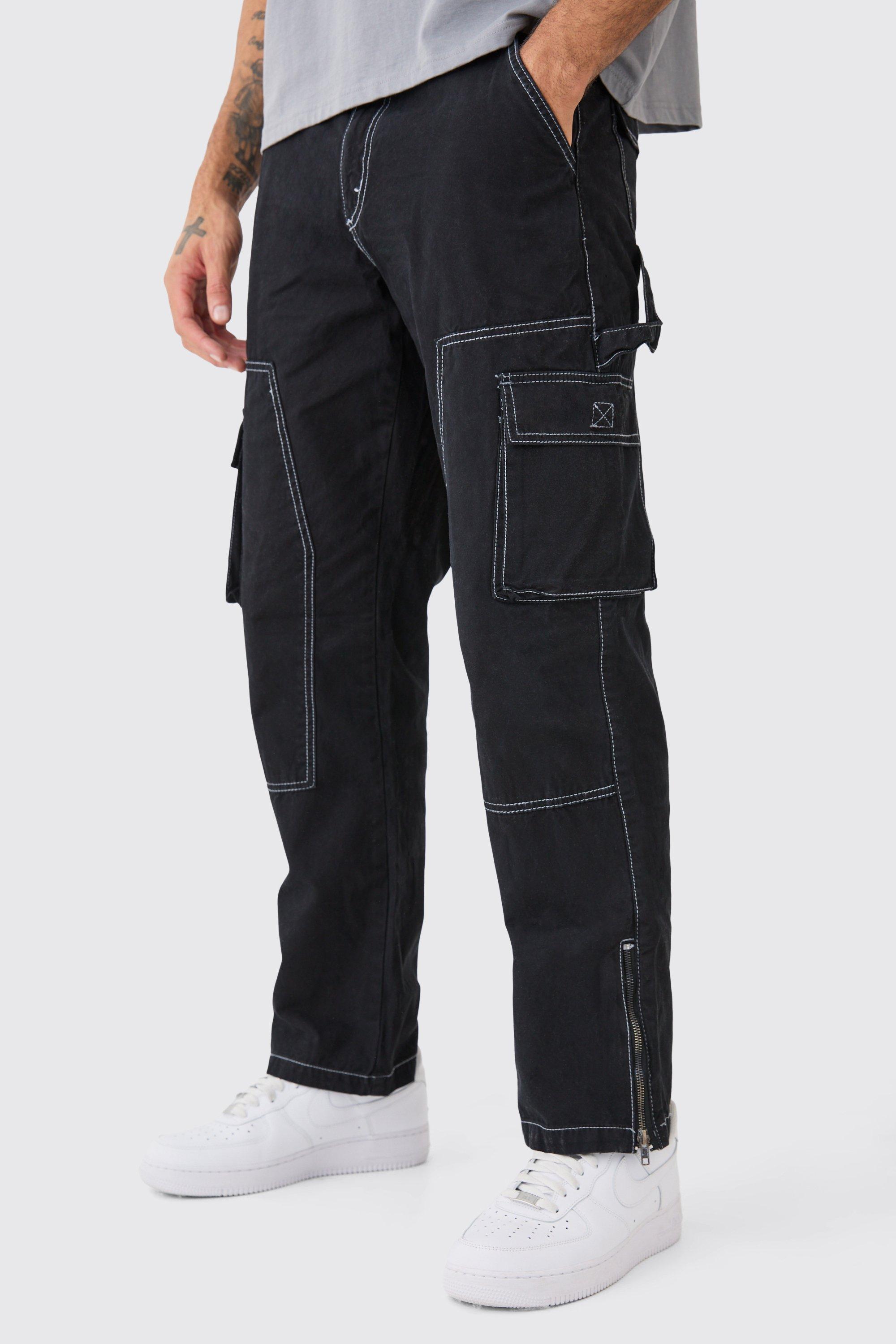 Elastic Waist Slim Flare Contrast Stitch Cargo Pants