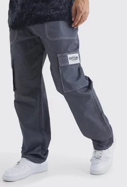 Relaxed Contrast Stitch Cargo Trouser With Woven Tab Charcoal