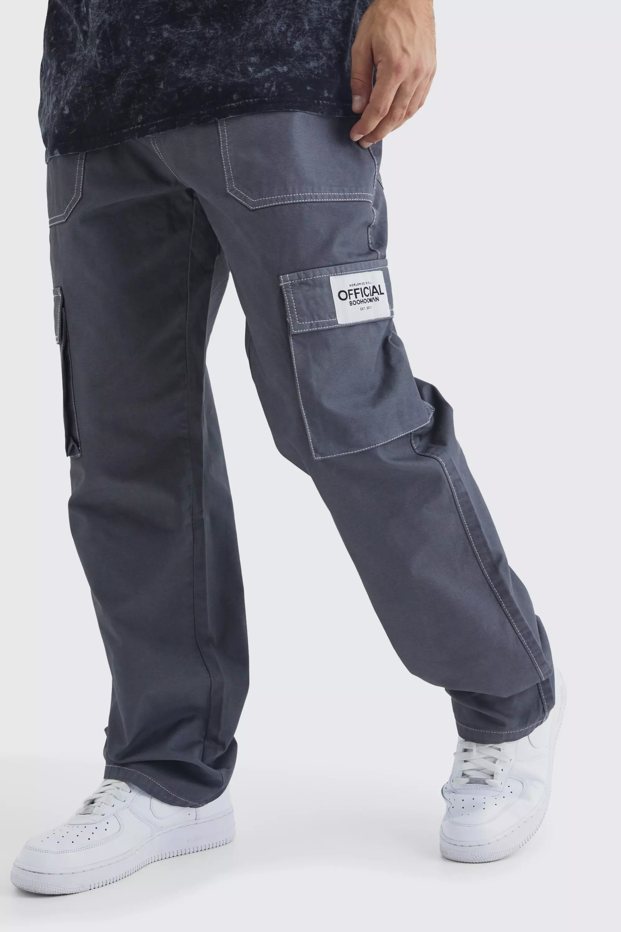 Charcoal Grey Relaxed Contrast Stitch Cargo Trouser With Woven Tab