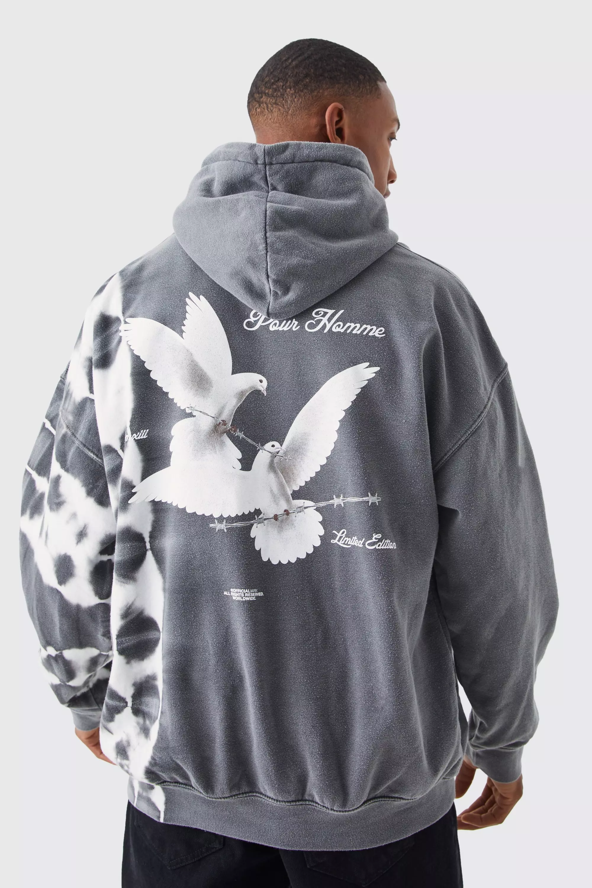 Oversized Bleach Tie Dye Graphic Hoodie Charcoal