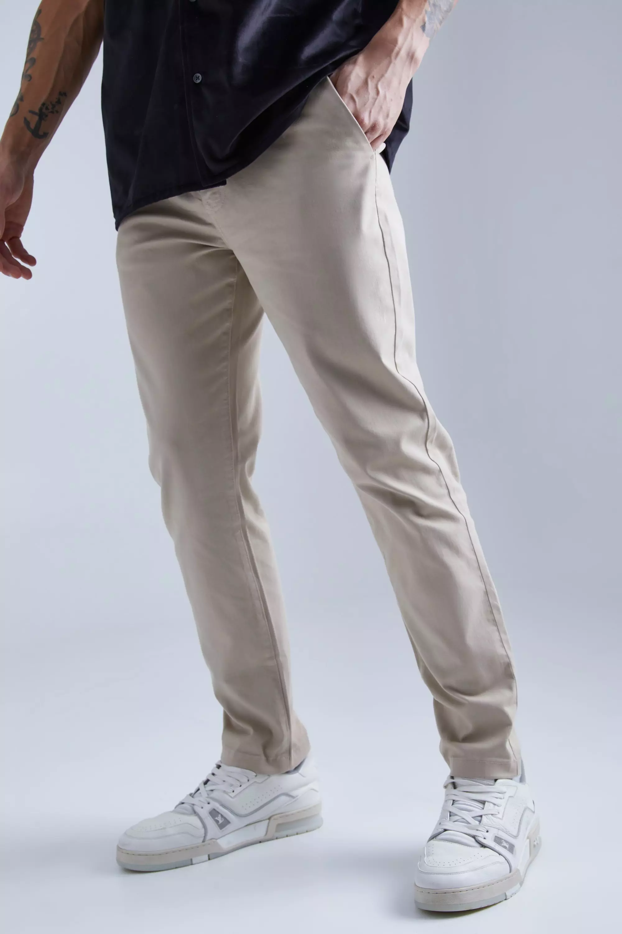 Stone Beige Slim Chino Pants With Woven Tab