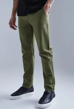 Khaki Slim Chino Pants With Woven Tab