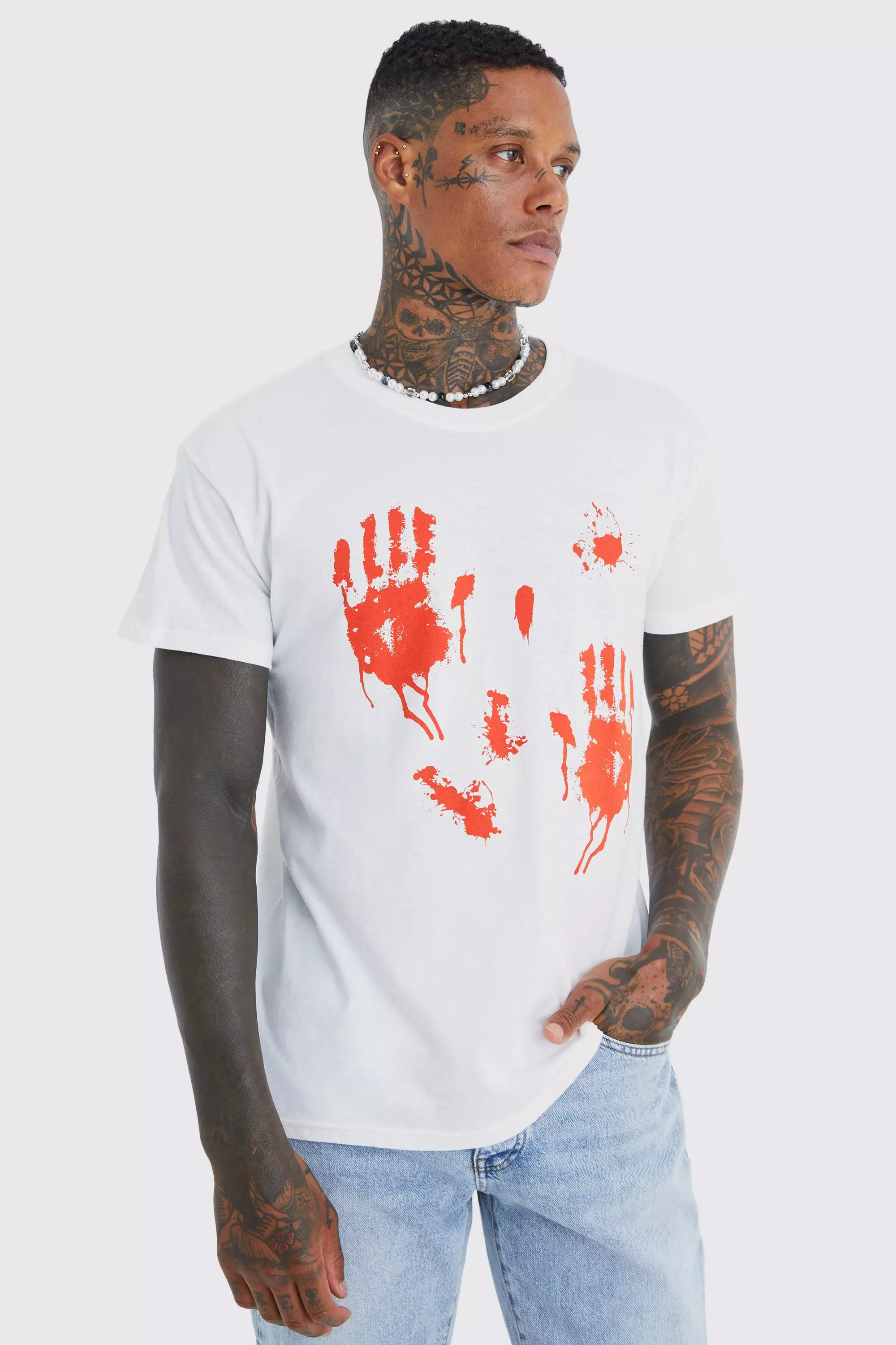 Halloween Blood Hands Print T-shirt White