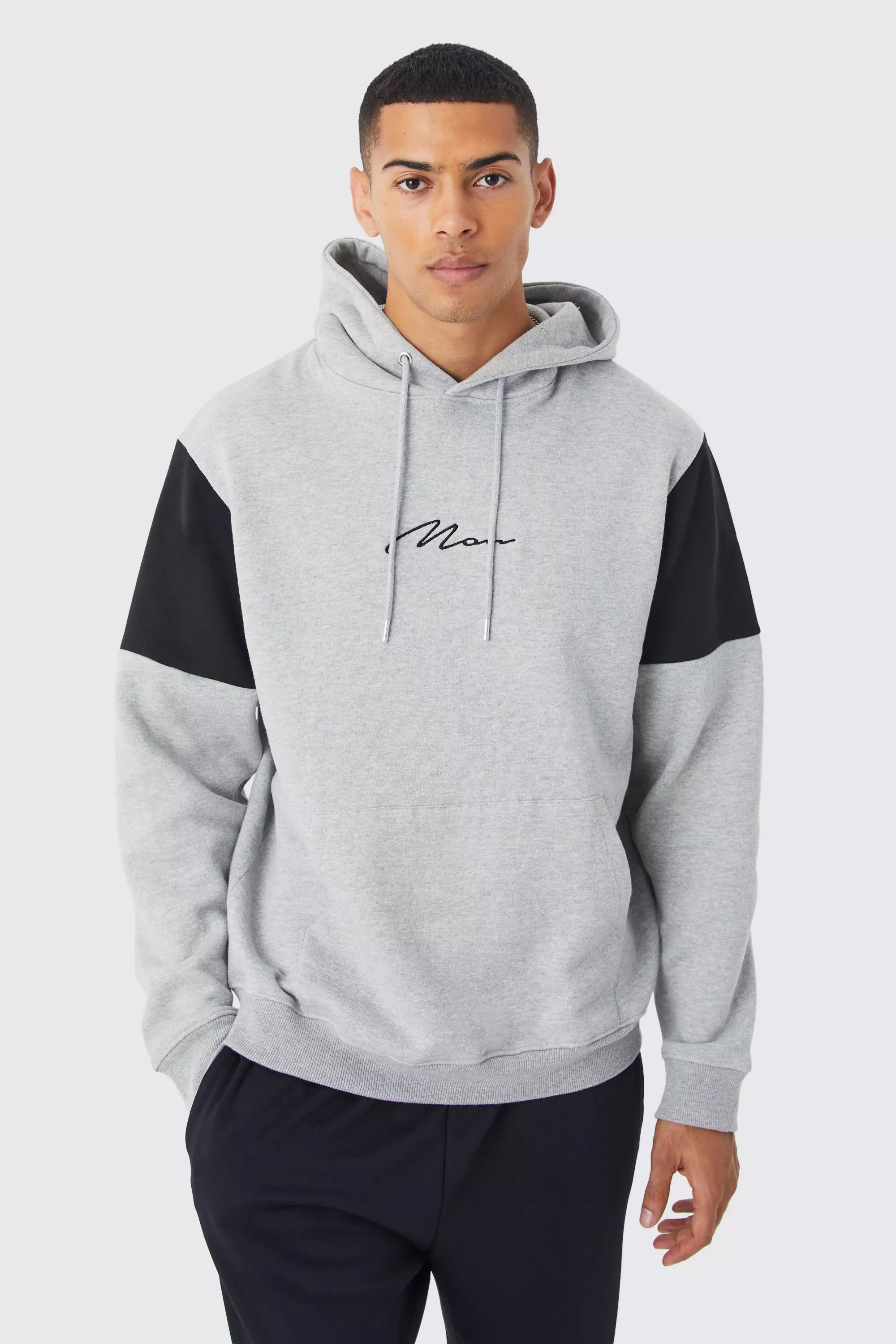 Man Signature Colour Block Hoodie Grey marl