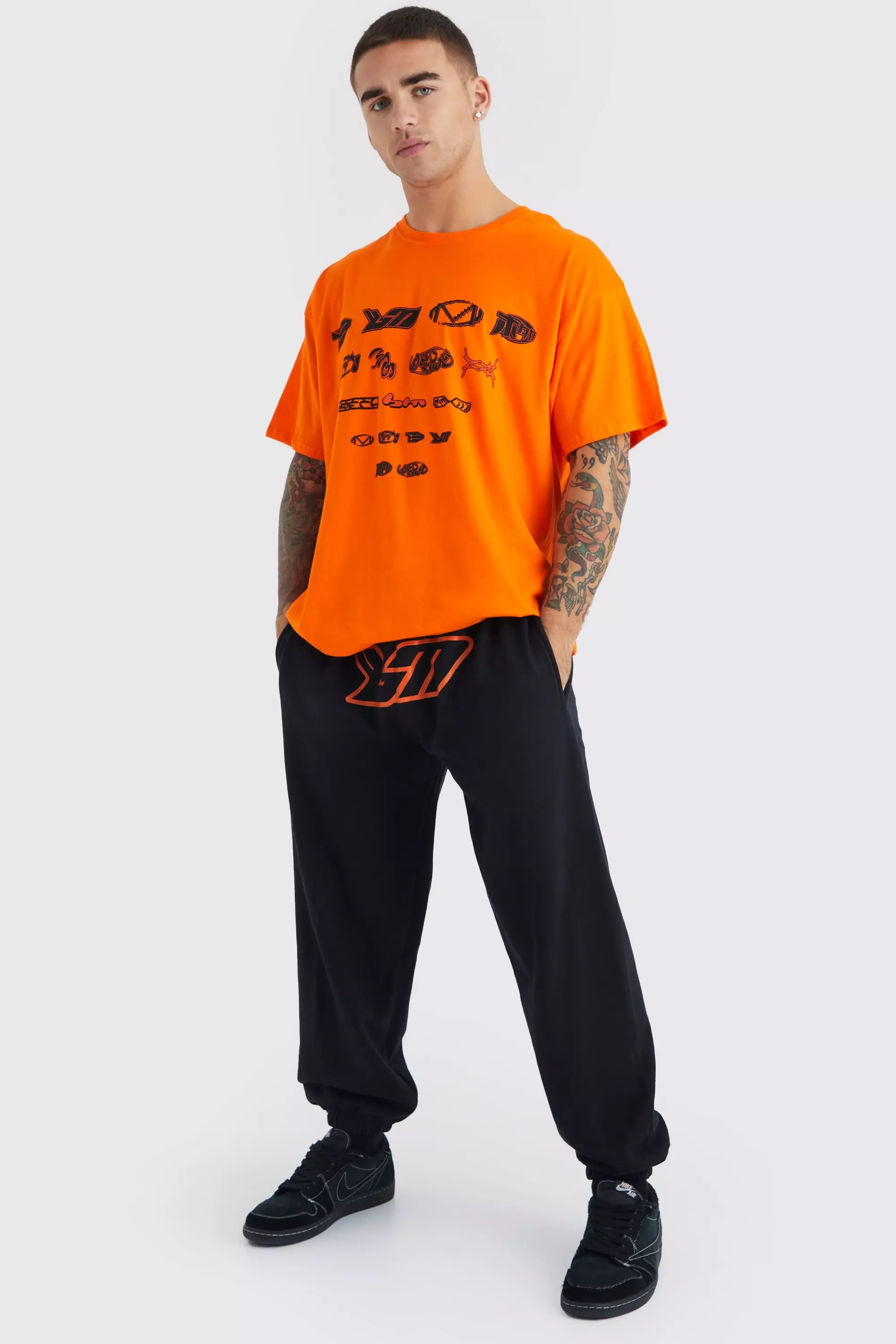 Orange Oversized Bm Crotch Print T-shirt & Sweatpants Set
