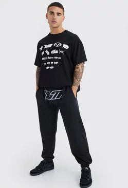 Oversized Bm Crotch Print T-shirt & Sweatpants Set Black