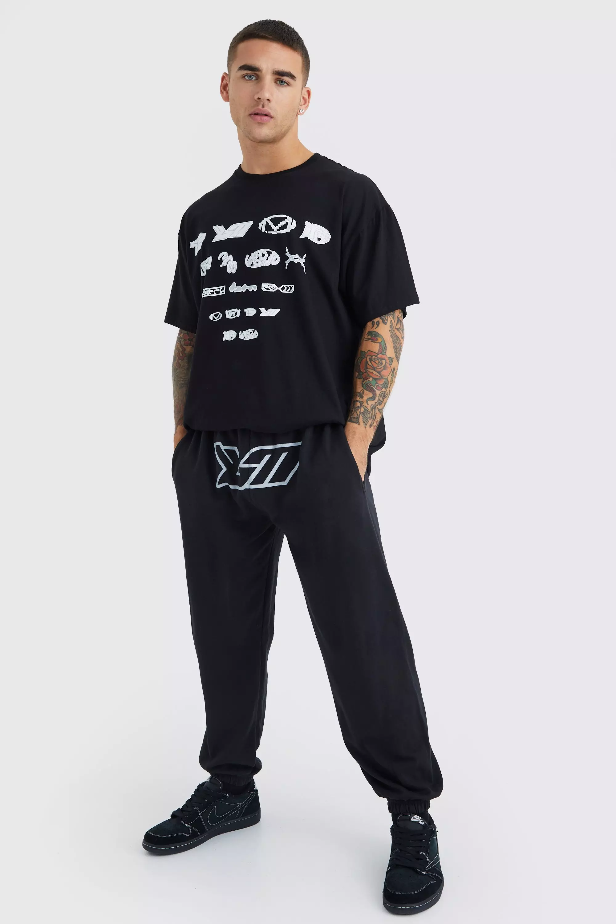 Oversized Bm Crotch Print T-shirt & Sweatpants Set Black