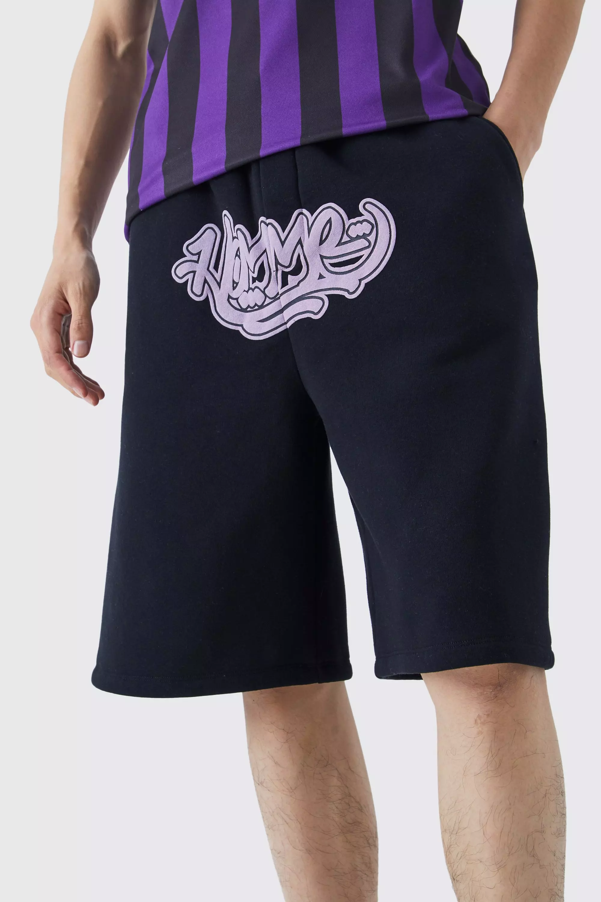 Oversized Homme Graffiti Drop Crotch Jorts Black