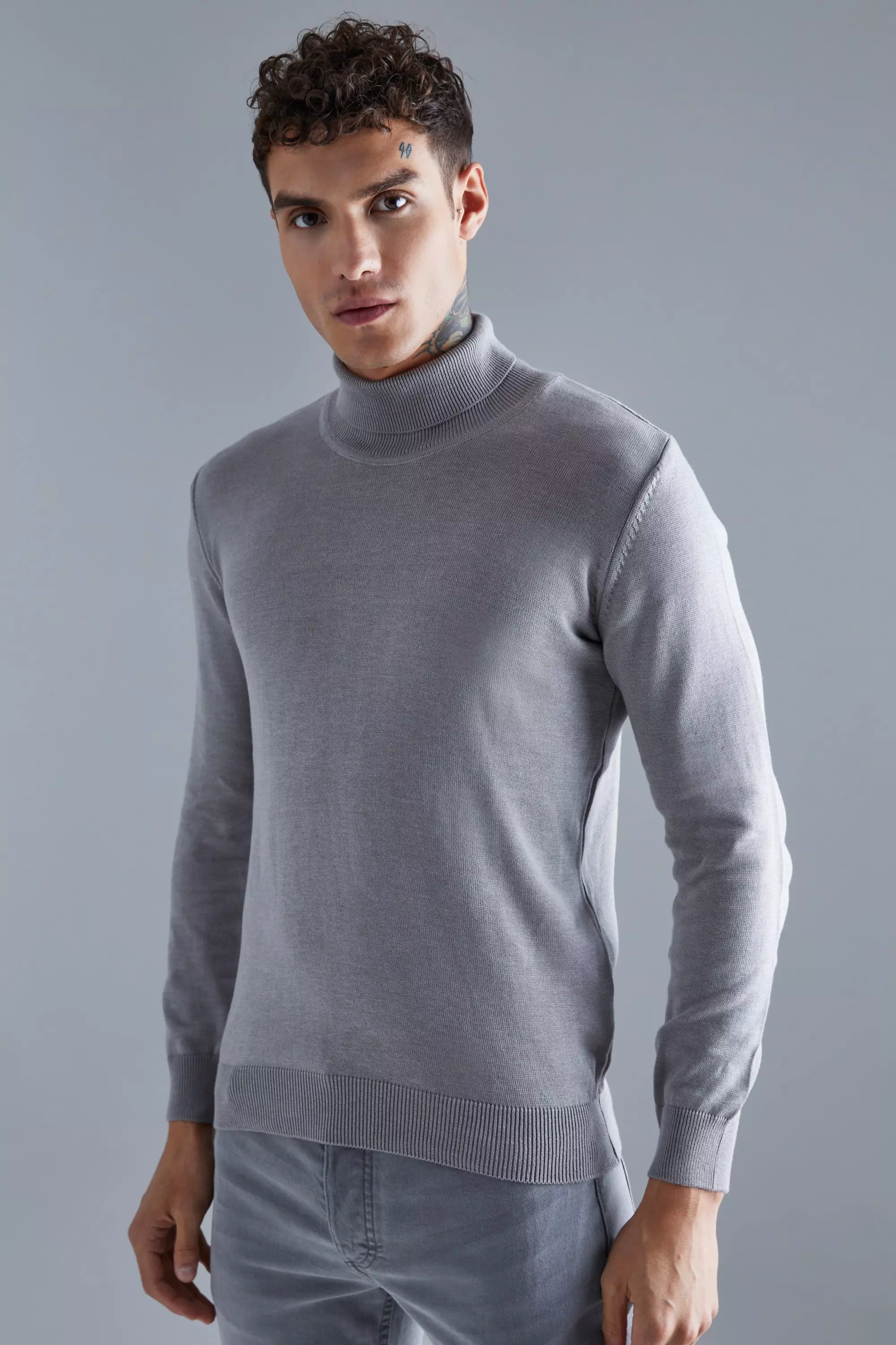 Grey Long Sleeve Roll Neck Knit Sweater