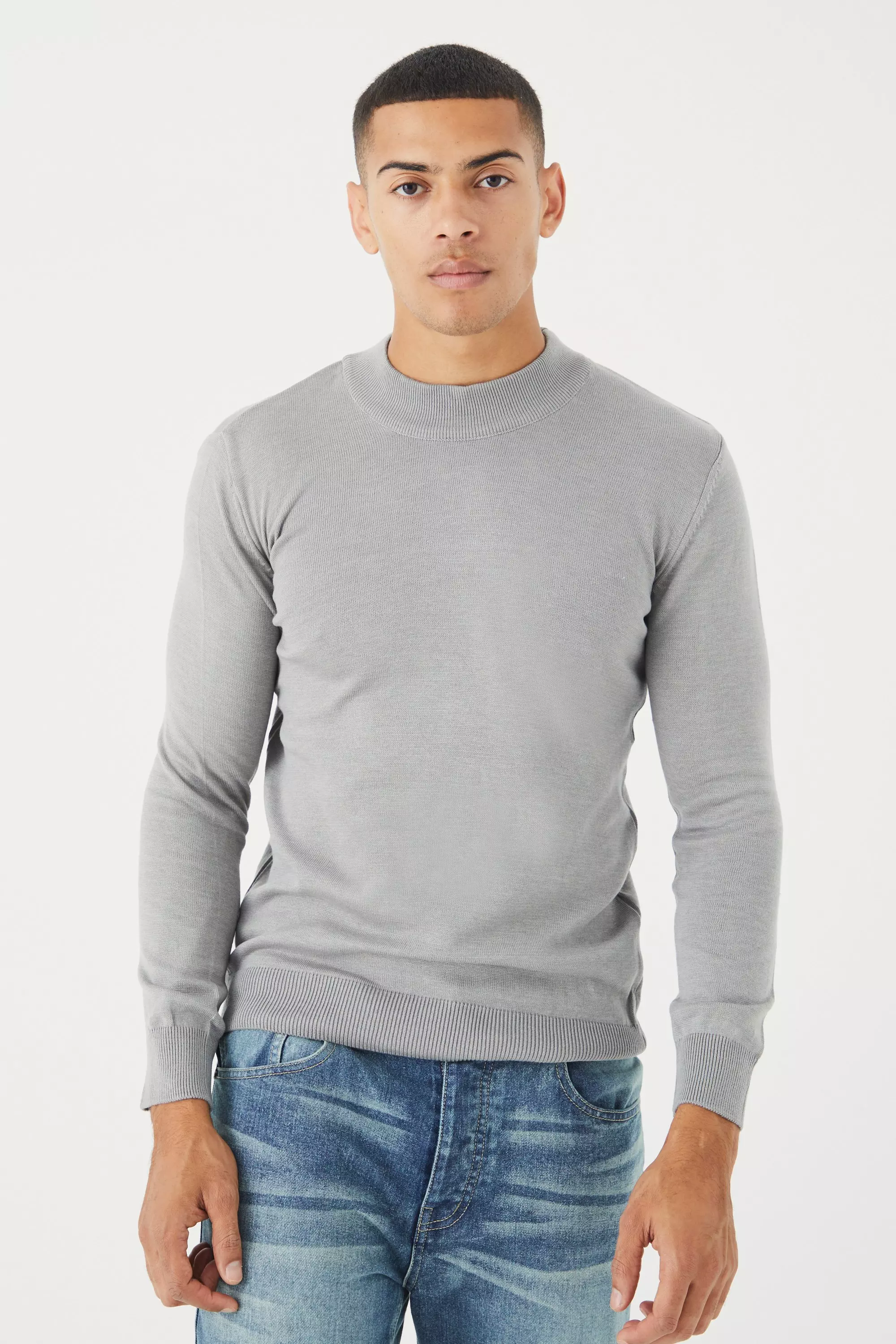 Long Sleeve Extended Neck Sweater Grey
