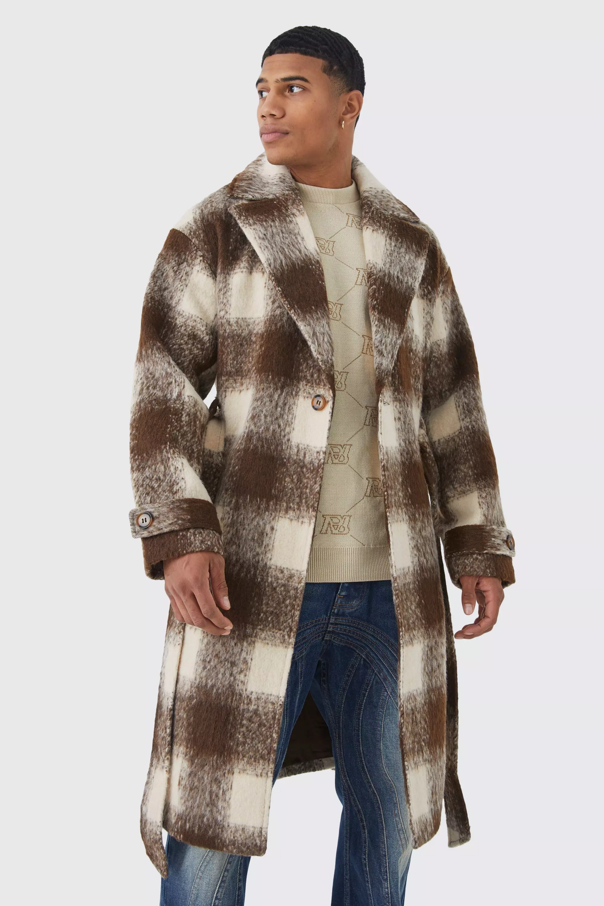 Wool Look Plaid Belted Overcoat Tan