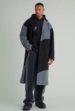 Black Colour Block Melton Overcoat