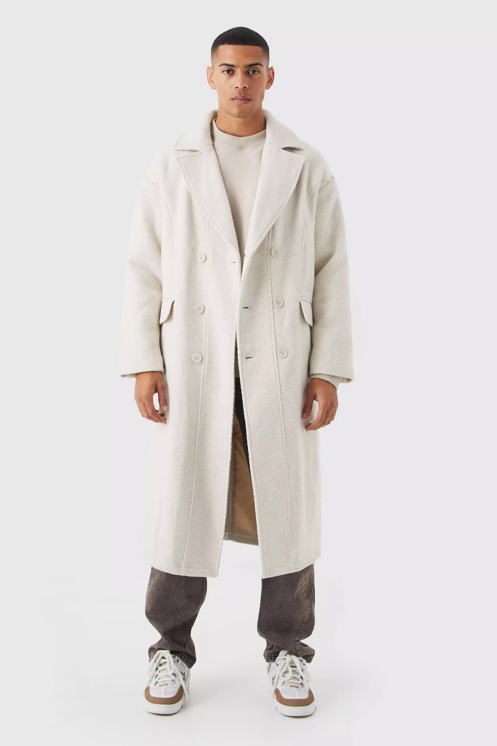 Ecru White Wool Look Double Breasted Textured Overcoat