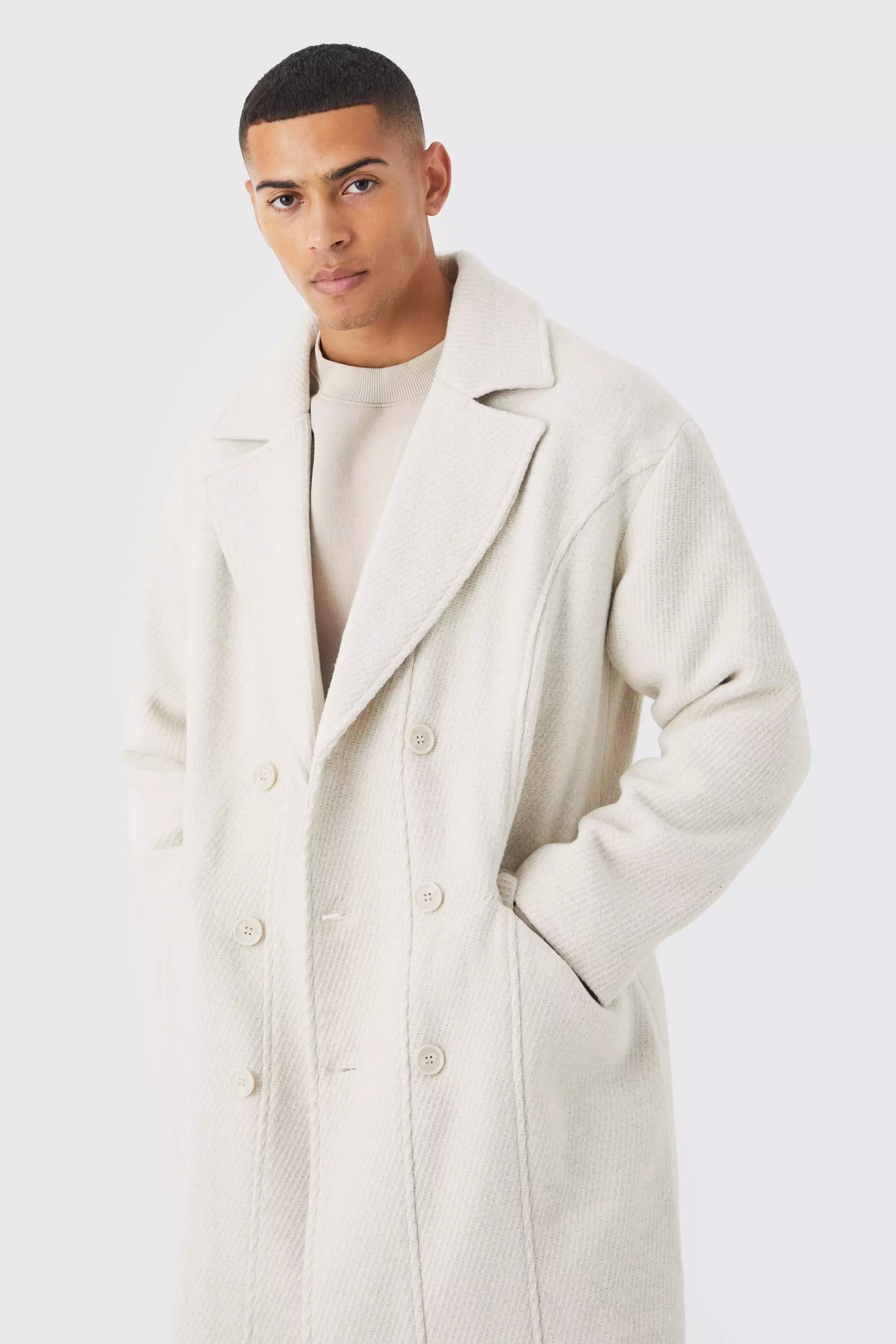 Wool Look Double Breasted Textured Overcoat boohooMAN