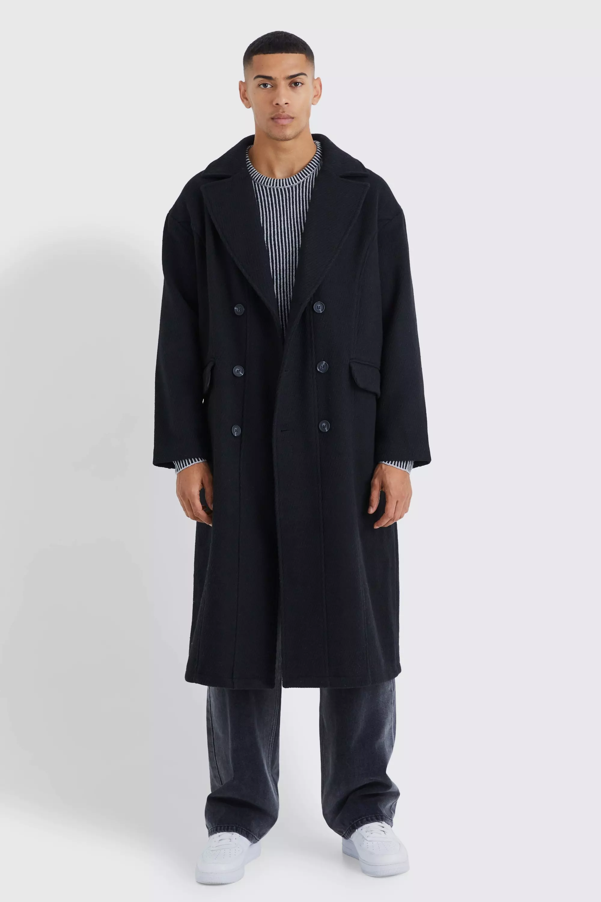 Wool Look Double Breasted Textured Overcoat Black