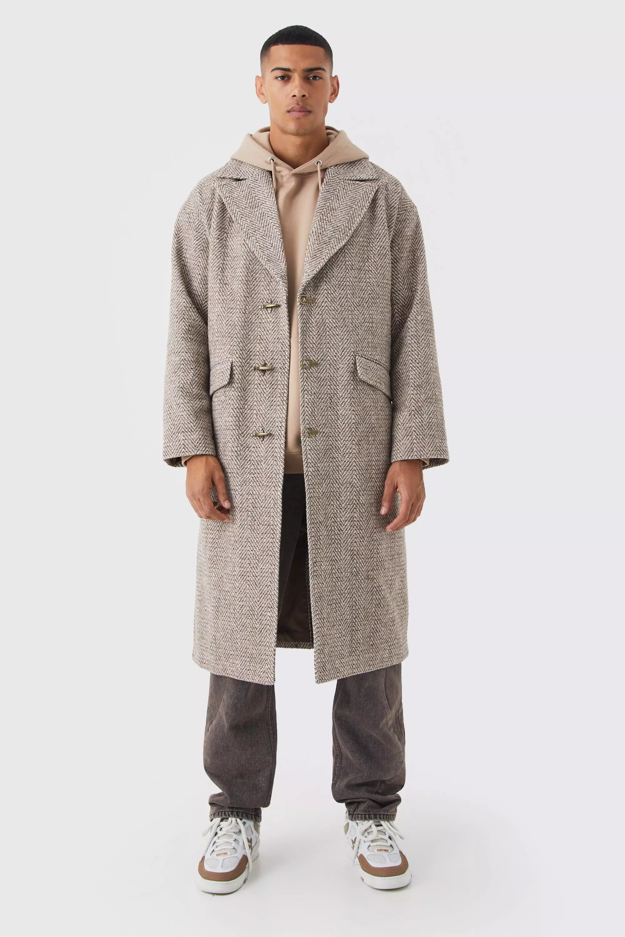 Wool Look Overcoat With Metal Clasp Brown