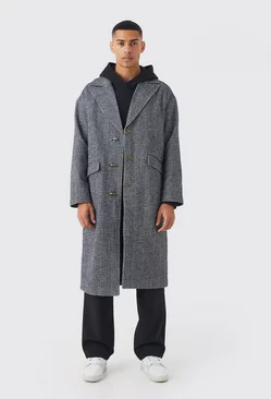 Wool Look Overcoat With Metal Clasp Black